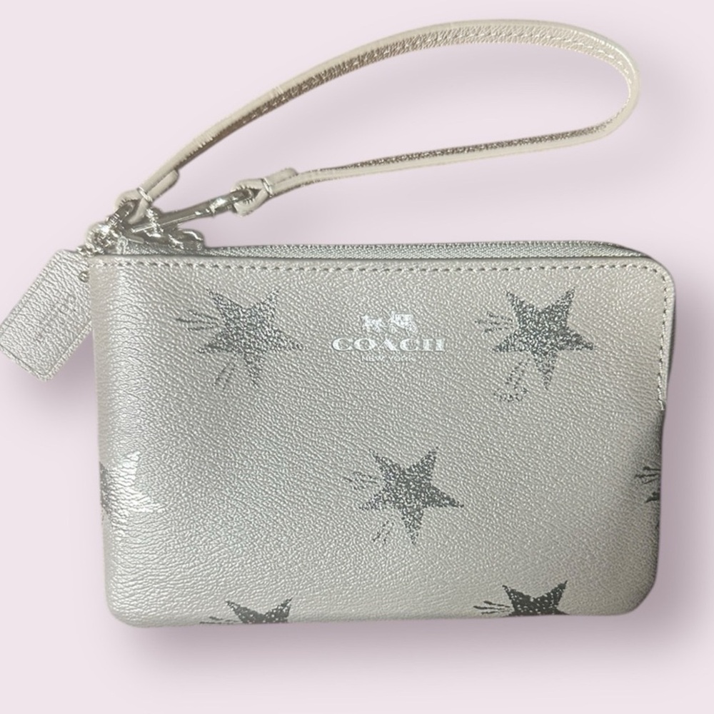 Coach Wristlet Gray Leather with Silver Stars Zipper Detachable Wrist Strap